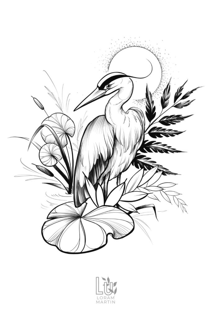 Shows a detailed heron tattoo design illustrated by artist Lu Loram Martin, in Toronto, Canada.