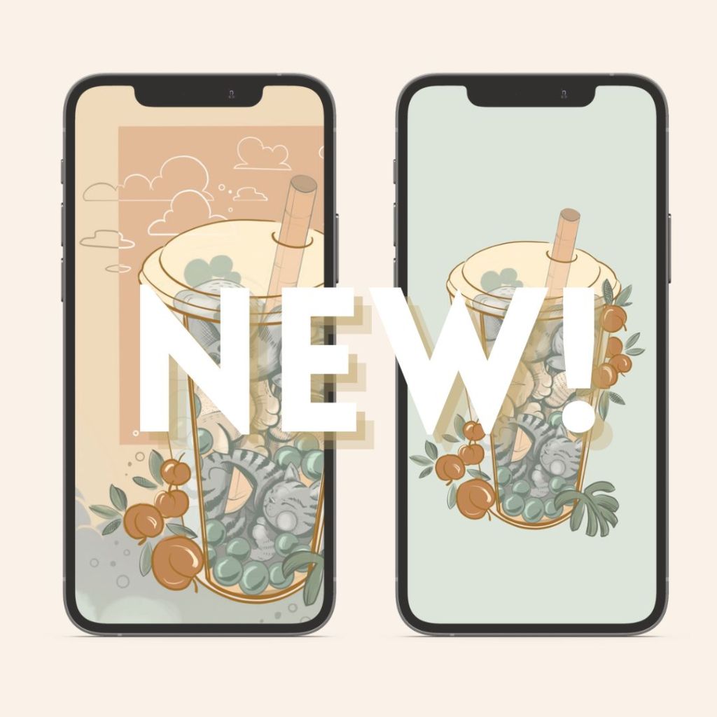 New wallpaper packs with custom bubble tea cat designs illustrated by floral tattoo artist Lu Loram Martin.