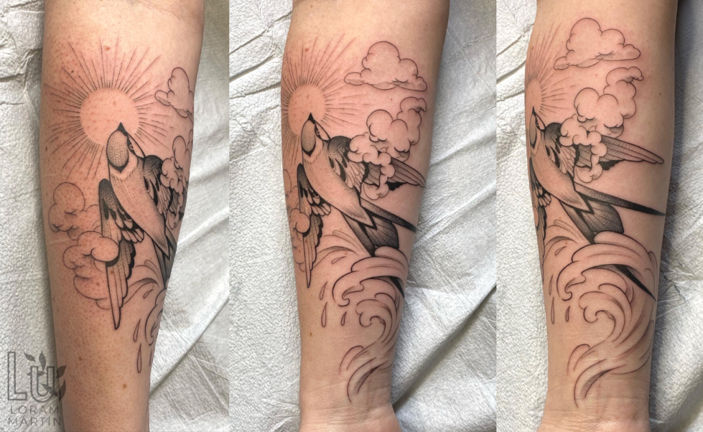 Black linework sprarrow tattoo designs by floral tattoo artist and illustrator Lu Loram Martin, based in Toronto, Canada.