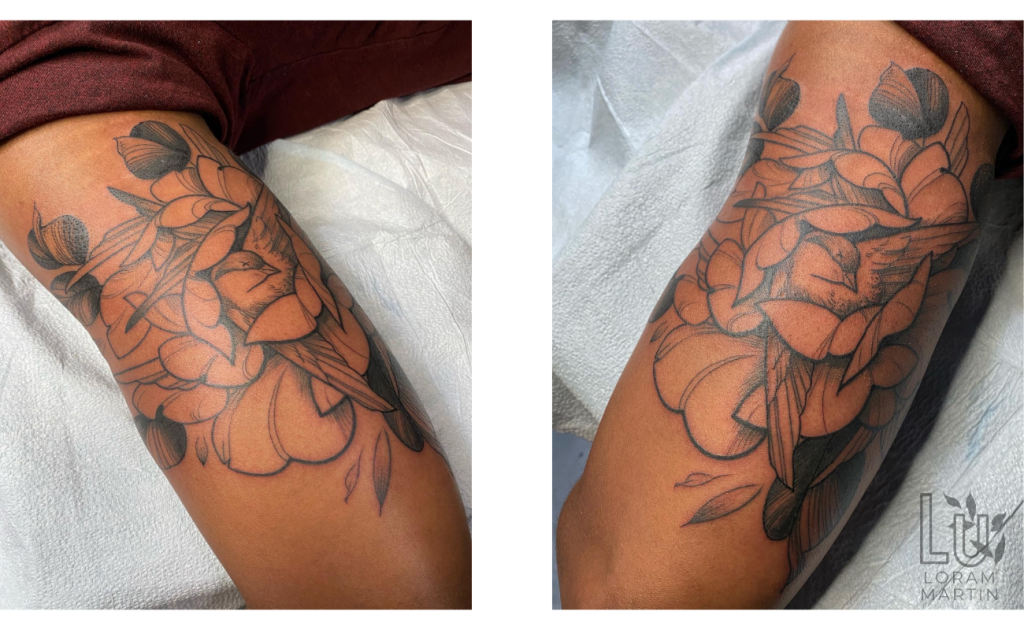 Black linework momento mori tattoo designs by floral tattoo artist and illustrator Lu Loram Martin, based in Toronto, Canada.