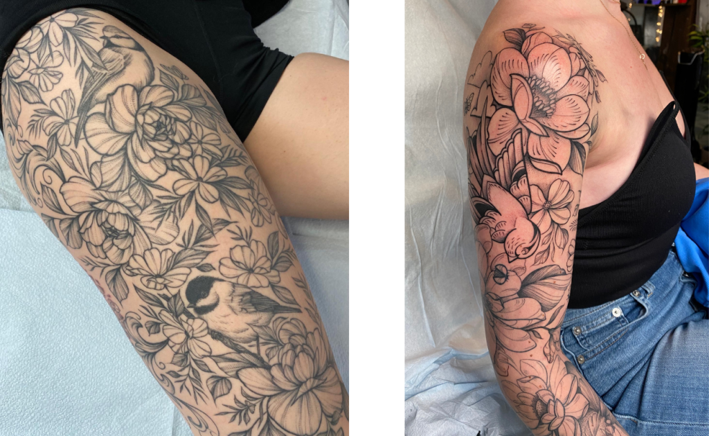 Black linework and shading bird tattoo designs by floral tattoo artist and illustrator Lu Loram Martin, based in Toronto, Canada.